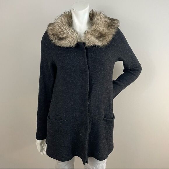 ANTHROPOLOGIE Moth Black & Tan Faux Fur Collar Cardigan Sweater - Picture 1 of 10